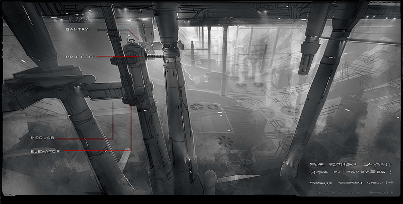 Illustration for article titled Breathtaking Concept Art of Elysium's Spaceship Hangar and Robot Deck